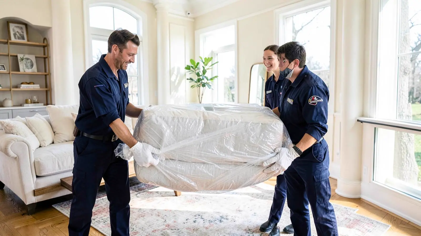 Point2Point white glove delivery team carrying a wrapped sofa into a Houston home