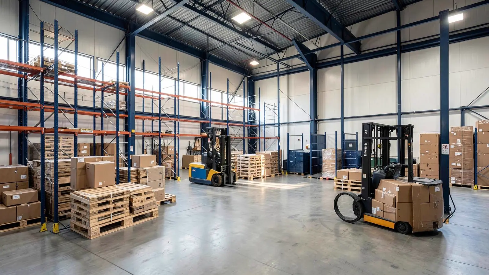 Forklift and racked inventory inside a 3PL logistics warehouse