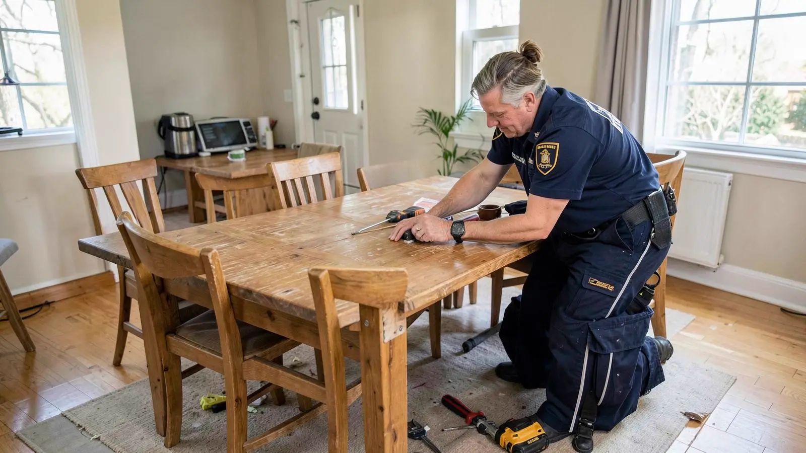 Point2Point technician assembling a dining table during a white glove furniture delivery in Texas