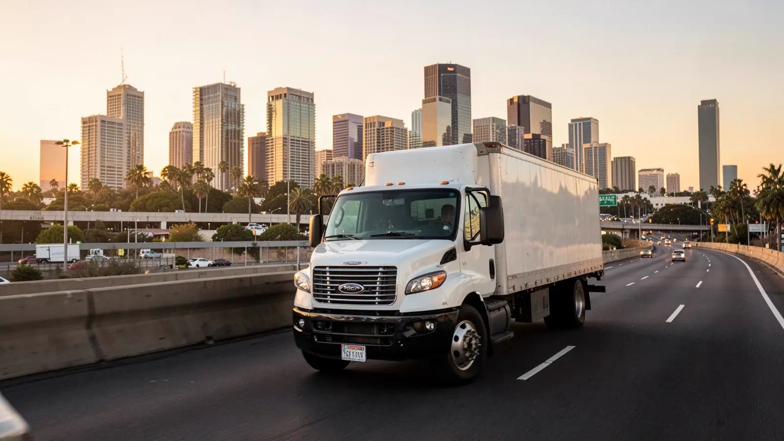 Point2Point delivery truck on a Houston highway with the downtown skyline behind it